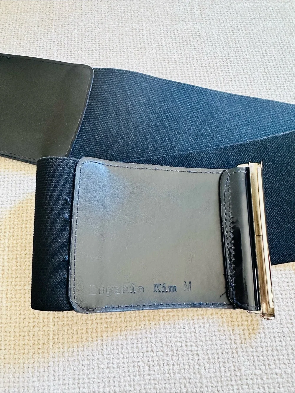 Eugenia Kim Black Patent Wide Waist Belt with Silver Bar / Size M